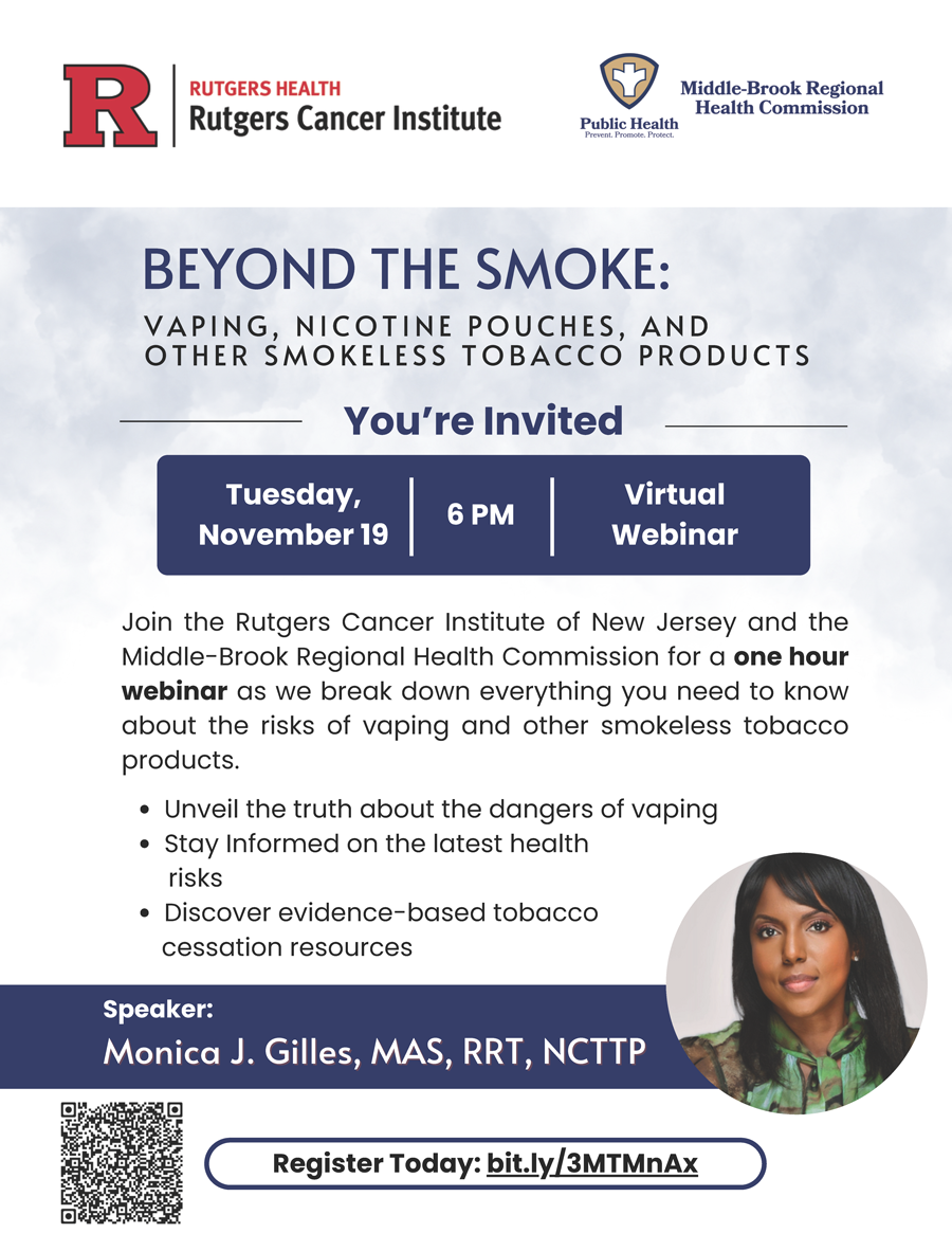 Smoking / Vaping / Tobacco product usage Risks Webinar Flyer. Click to open an OCR scanned PDF version of it. 